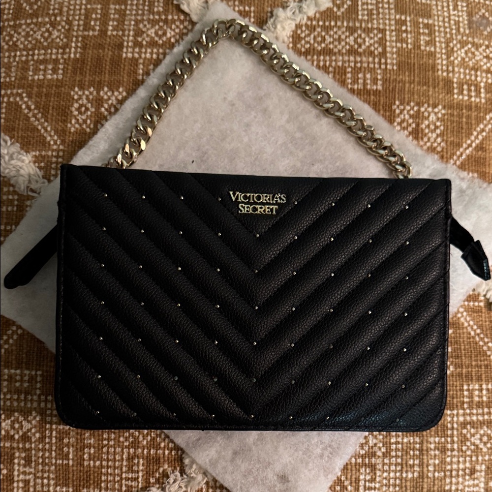 Victoria's Secret Black Quilted Clutch with Gold Chain